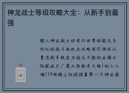 神龙战士等级攻略大全：从新手到最强